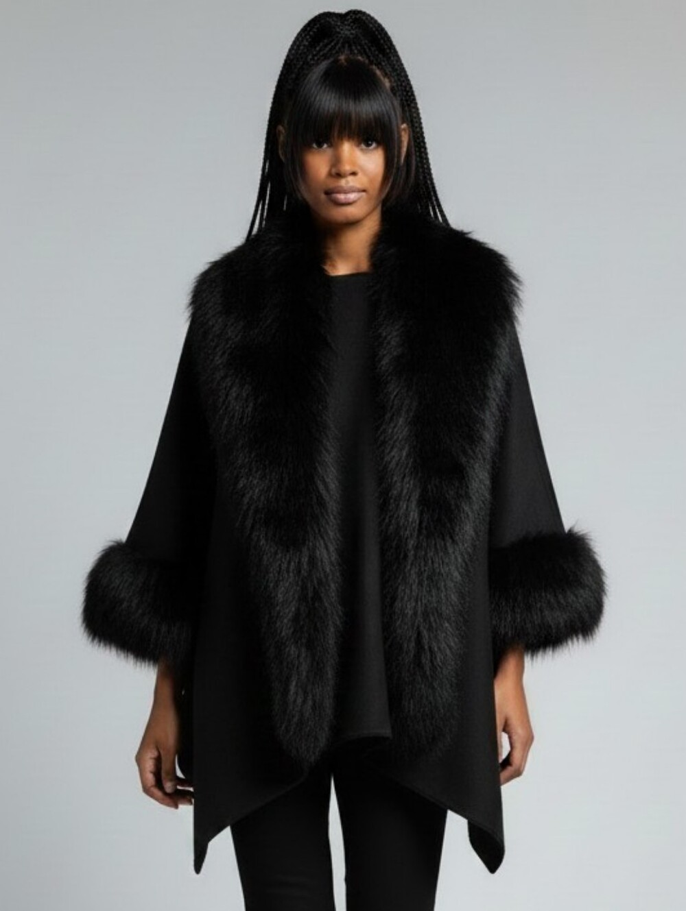 Joseph Ribkoff Black Faux Fur-Trim Open Front Poncho In Black Size XL